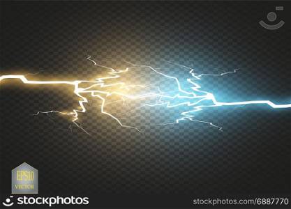 Collision of two forces with gold and blue light. Vector illustration. Hot and cold sparkling power. Energy lightning with electric discharge isolated on transparent background. Collision of two forces with gold and blue light. Vector illustration. Hot and cold sparkling power. Energy lightning with electric discharge isolated on transparent background. Vector
