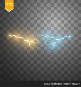 Collision of two forces with gold and blue light. Vector illustration. Hot and cold sparkling power. Energy lightning with electric discharge isolated on transparent background. Collision of two forces with gold and blue light. Vector illustration. Hot and cold sparkling power. Energy lightning with electric discharge isolated on transparent background. Vector