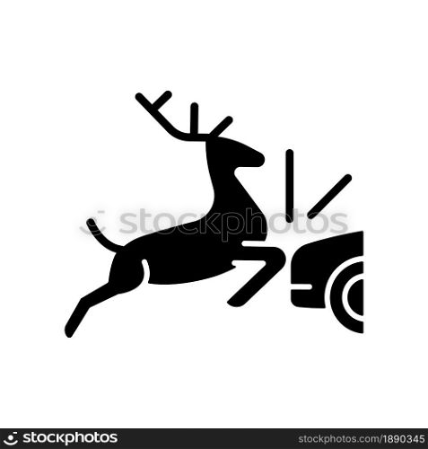 Collision with animals black glyph icon. Colliding with wildlife and livestock in roadway. Situation with animals near highways. Silhouette symbol on white space. Vector isolated illustration. Collision with animals black glyph icon