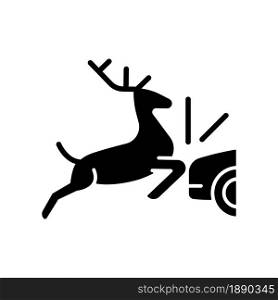 Collision with animals black glyph icon. Colliding with wildlife and livestock in roadway. Situation with animals near highways. Silhouette symbol on white space. Vector isolated illustration. Collision with animals black glyph icon