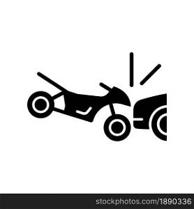 Collision with motorcycle black glyph icon. Dangerous situation for motorcyclist. Car accident. Head-on collision. Driver negligence. Silhouette symbol on white space. Vector isolated illustration. Collision with motorcycle black glyph icon