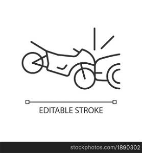Collision with motorcycle linear icon. Dangerous situation for motorcyclist. Car accident. Thin line customizable illustration. Contour symbol. Vector isolated outline drawing. Editable stroke. Collision with motorcycle linear icon