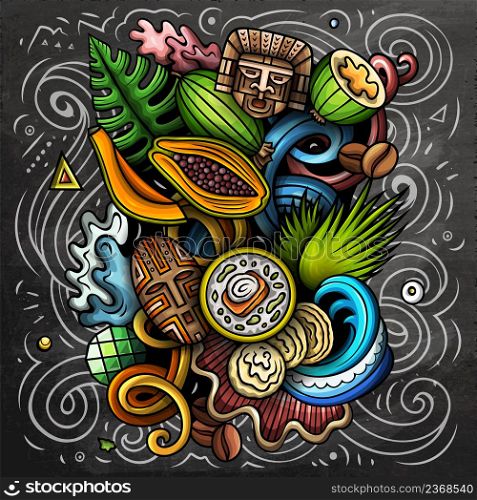 Colombia cartoon vector doodle chalkboard illustration. Colorful detailed composition with lot of traditional symbols. Colombia cartoon vector doodle chalkboard illustration