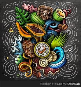 Colombia cartoon vector doodle chalkboard illustration. Colorful detailed composition with lot of traditional symbols. Colombia cartoon vector doodle chalkboard illustration