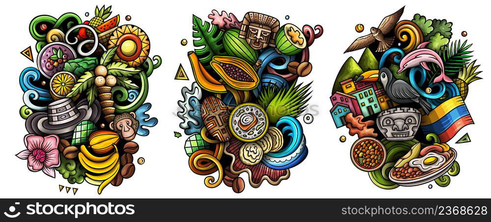 Colombia cartoon vector doodle designs set. Colorful detailed compositions with lot of traditional symbols. Isolated on white illustrations. Colombia cartoon vector doodle designs set.