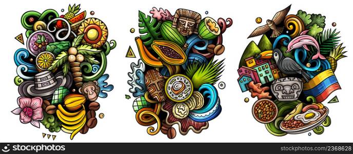 Colombia cartoon vector doodle designs set. Colorful detailed compositions with lot of traditional symbols. Isolated on white illustrations. Colombia cartoon vector doodle designs set.