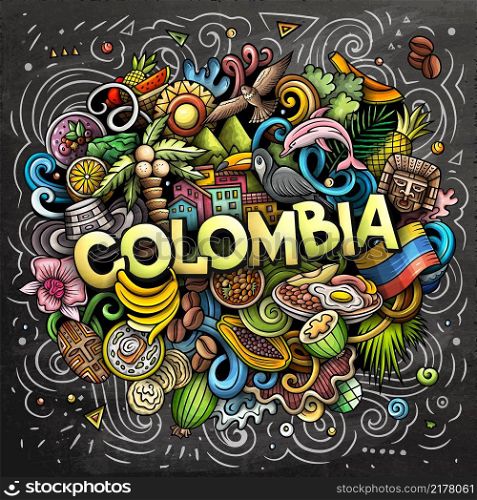 Colombia hand drawn cartoon doodle illustration. Funny Colombian design. Creative vector background. Handwritten text with Latin American elements and objects. Colorful composition. Colombia hand drawn cartoon doodle illustration. Funny Colombian design.