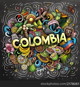 Colombia hand drawn cartoon doodle illustration. Funny Colombian design. Creative vector background. Handwritten text with Latin American elements and objects. Colorful composition. Colombia hand drawn cartoon doodle illustration. Funny Colombian design.