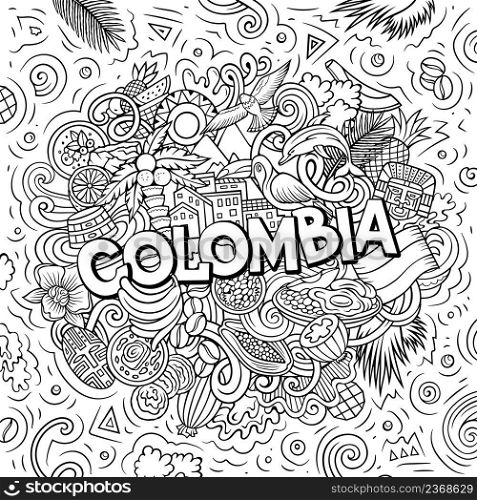 Colombia hand drawn cartoon doodle illustration. Funny Colombian design. Creative vector background. Handwritten text with Latin American elements and objects.. Colombia hand drawn cartoon doodle illustration. Funny Colombian design.