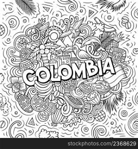 Colombia hand drawn cartoon doodle illustration. Funny Colombian design. Creative vector background. Handwritten text with Latin American elements and objects.. Colombia hand drawn cartoon doodle illustration. Funny Colombian design.