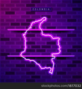 Colombia map glowing neon l&sign. Realistic vector illustration. Country name plate. Purple brick wall, violet glow, metal holders.. Colombia map glowing purple neon l&sign