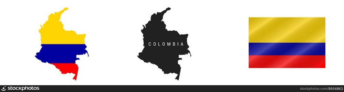 Colombia. Map with masked flag. Detailed silhouette. Waving flag. Vector illustration isolated on white.. Colombia. Detailed flag map. Detailed silhouette. Waving flag. Vector illustration