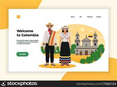 Colombia tourism page design with payment and contact symbols flat vector illustration