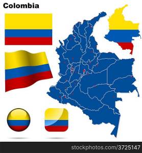 Colombia vector set. Detailed country shape with region borders, flags and icons isolated on white background.