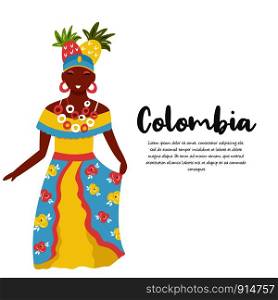 Colombian woman in traditional costume with fruits. Beautiful girl. Colombian woman in traditional costume with fruits