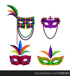 Colombina carnival mask decorated with colorful feathers flat vector icon isolated on white background. Masquerade clothing attribute illustration for costumed party or festival invitation design