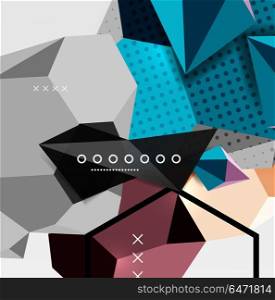 Color 3d geometric composition poster. Color 3d geometric composition poster. Vector illustration of colorful triangles, pyramids, hexagons and other shapes on grey background