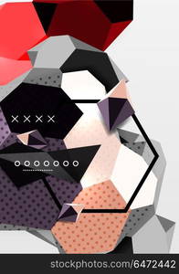 Color 3d geometric composition poster. Color 3d geometric composition poster. Vector illustration of colorful triangles, pyramids, hexagons and other shapes on grey background