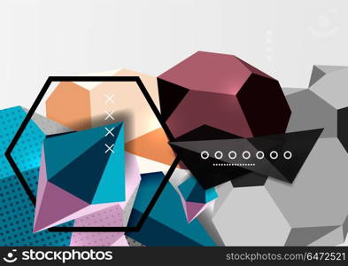 Color 3d geometric composition poster. Color 3d geometric composition poster. Vector illustration of colorful triangles, pyramids, hexagons and other shapes on grey background