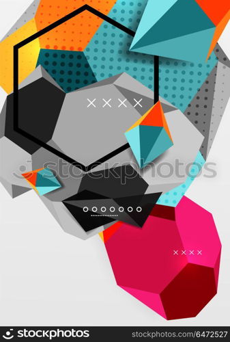 Color 3d geometric composition poster. Color 3d geometric composition poster. Vector illustration of colorful triangles, pyramids, hexagons and other shapes on grey background