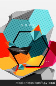 Color 3d geometric composition poster. Color 3d geometric composition poster. Vector illustration of colorful triangles, pyramids, hexagons and other shapes on grey background