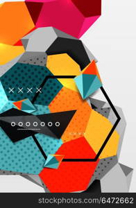 Color 3d geometric composition poster. Color 3d geometric composition poster. Vector illustration of colorful triangles, pyramids, hexagons and other shapes on grey background