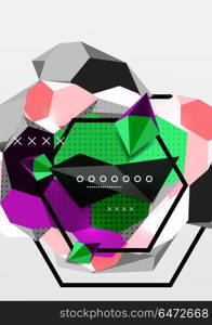 Color 3d geometric composition poster. Color 3d geometric composition poster. Vector illustration of colorful triangles, pyramids, hexagons and other shapes on grey background