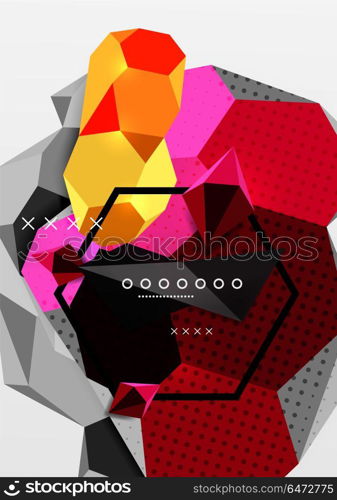 Color 3d geometric composition poster. Color 3d geometric composition poster. Vector illustration of colorful triangles, pyramids, hexagons and other shapes on grey background