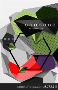 Color 3d geometric composition poster. Color 3d geometric composition poster. Vector illustration of colorful triangles, pyramids, hexagons and other shapes on grey background