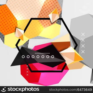 Color 3d geometric composition poster. Color 3d geometric composition poster. Vector illustration of colorful triangles, pyramids, hexagons and other shapes on grey background