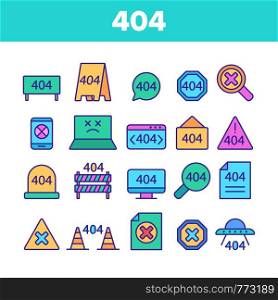 Color 404 HTTP Error Message Vector Linear Icons Set. 404 Page Not Found Outline Symbols Pack. Internet Connection Problem, Broken Link. Standard Response Code Isolated Contour Illustrations. Color 404 HTTP Error Message Vector Linear Icons Set