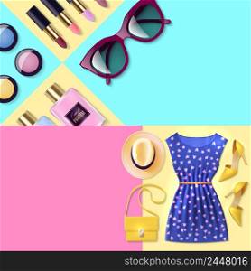 Color abstract banner depicting elements of woman clothing and accessory vector illustration. Woman Clothing Banner