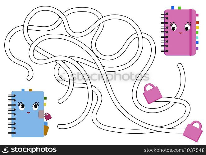 Color abstract maze. Help the blue notebook get to the pink notebook. Kids worksheets. Activity page. Game puzzle for children. Cartoon style. Labyrinth conundrum. Vector illustration. Color abstract maze. Help the blue notebook get to the pink notebook. Kids worksheets. Activity page. Game puzzle for children. Cartoon style. Labyrinth conundrum. Vector illustration.