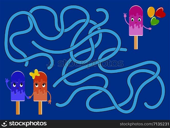 Color abstract maze. Help the cute ice cream to reach the ice cream with balloons. Kids worksheets. Activity page. Game puzzle for children. Cartoon style. Labyrinth conundrum. Vector illustration. Color abstract maze. Help the cute ice cream to reach the ice cream with balloons. Kids worksheets. Activity page. Game puzzle for children. Cartoon style. Labyrinth conundrum. Vector illustration.