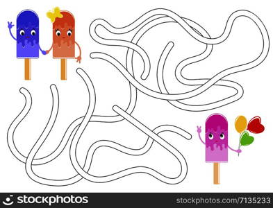 Color abstract maze. Help the cute ice cream to reach the ice cream with balloons. Kids worksheets. Activity page. Game puzzle for children. Cartoon style. Labyrinth conundrum. Vector illustration. Color abstract maze. Help the cute ice cream to reach the ice cream with balloons. Kids worksheets. Activity page. Game puzzle for children. Cartoon style. Labyrinth conundrum. Vector illustration.