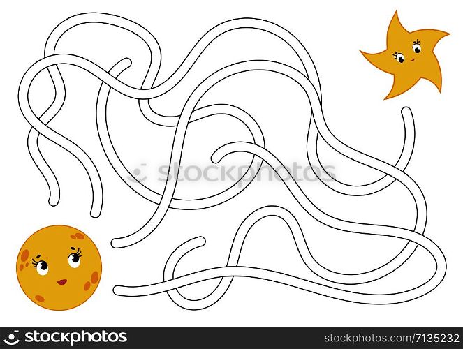 Color abstract maze. Help the moon to reach the star. Kids worksheets. Activity page. Game puzzle for children. Cartoon style. Labyrinth conundrum. Vector illustration. Color abstract maze. Help the moon to reach the star. Kids worksheets. Activity page. Game puzzle for children. Cartoon style. Labyrinth conundrum. Vector illustration.