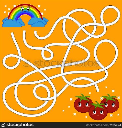 Color abstract maze. Help the rainbow to reach the tomatoes. Kids worksheets. Activity page. Game puzzle for children. Cartoon style. Labyrinth conundrum. Vector illustration. Color abstract maze. Help the rainbow to reach the tomatoes. Kids worksheets. Activity page. Game puzzle for children. Cartoon style. Labyrinth conundrum. Vector illustration.
