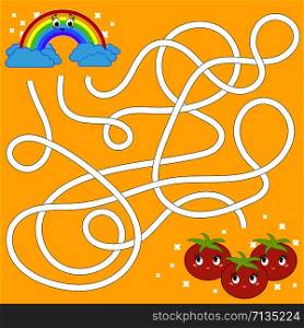 Color abstract maze. Help the rainbow to reach the tomatoes. Kids worksheets. Activity page. Game puzzle for children. Cartoon style. Labyrinth conundrum. Vector illustration. Color abstract maze. Help the rainbow to reach the tomatoes. Kids worksheets. Activity page. Game puzzle for children. Cartoon style. Labyrinth conundrum. Vector illustration.