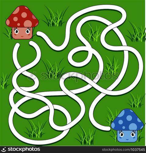 Color abstract maze. Help the red mushroom to reach the blue mushroom. Kids worksheets. Activity page. Game puzzle for children. Cartoon style. Labyrinth conundrum. Vector illustration.