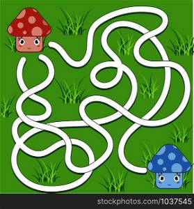 Color abstract maze. Help the red mushroom to reach the blue mushroom. Kids worksheets. Activity page. Game puzzle for children. Cartoon style. Labyrinth conundrum. Vector illustration.