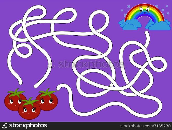 Color abstract maze. Help the tomatoes get to the rainbow. Kids worksheets. Activity page. Game puzzle for children. Cartoon style. Labyrinth conundrum. Vector illustration. Color abstract maze. Help the tomatoes get to the rainbow. Kids worksheets. Activity page. Game puzzle for children. Cartoon style. Labyrinth conundrum. Vector illustration.