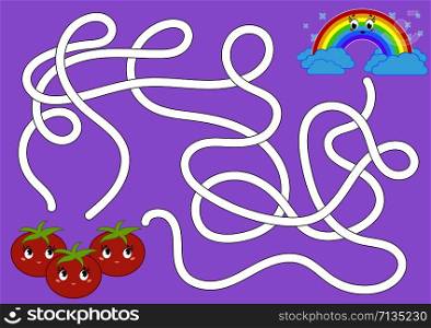 Color abstract maze. Help the tomatoes get to the rainbow. Kids worksheets. Activity page. Game puzzle for children. Cartoon style. Labyrinth conundrum. Vector illustration. Color abstract maze. Help the tomatoes get to the rainbow. Kids worksheets. Activity page. Game puzzle for children. Cartoon style. Labyrinth conundrum. Vector illustration.