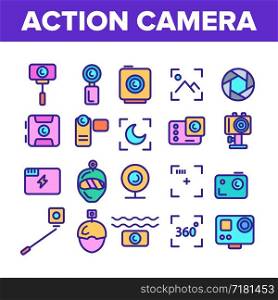 Color Action Camera Sign Icons Set Vector Thin Line. Types Of Camera Linear Pictograms. Device Stick And Object Glass, Recording Mode And Watertight Housing Contour Illustrations. Color Action Camera Sign Icons Set Vector