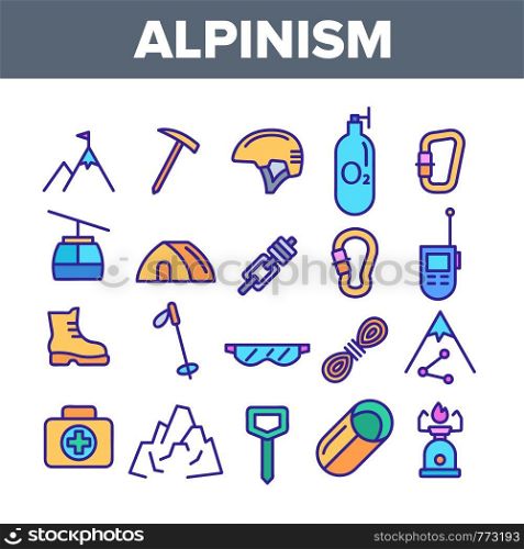 Color Alpinism And Mountaineering Equipment Vector Linear Icons Set. Alpinism Extreme Hobby Outline Symbols Pack. Mountain Climbing, Hiking Instruments And Tools Isolated Contour Illustrations. Color Alpinism And Mountaineering Equipment Vector Linear Icons Set