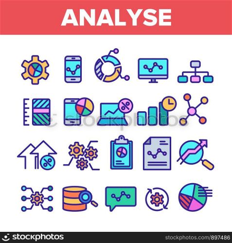 Color Analyse Element Sign Icons Set Vector Thin Line. Market Graph Detail Of Analyse Linear Pictograms. Diagram On Smartphone Display And Computer Laptop Monitor Illustrations. Color Analyse Element Sign Icons Set Vector