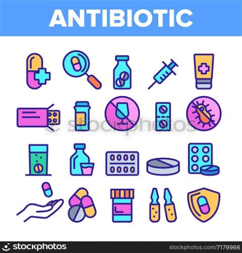 Color Antibiotic Thin Line Icons Set Vector. Drugs And Pills, Injection And Cream, Syrup And Drops Antibiotic Linear Pictograms. Anti Alcoholic And Virus Signs Contour Illustrations. Color Antibiotic Thin Line Icons Set Vector