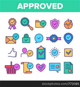 Color Approved And Certified Vector Linear Icons Set. Approved, Quality Control Guarantee Outline Symbols Pack. Correct Choice Selection. Checkmark, Confirm, Tick Isolated Contour Illustrations. Color Approved And Certified Vector Linear Icons Set