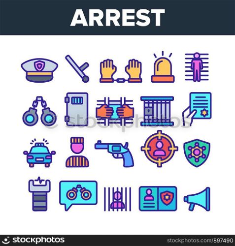 Color Arrest Elements Sign Icons Set Vector Thin Line. Police Car, Alarm Siren And Hat, Gun And Badge, Prison And Handcuffs Arrest Equipment Linear Pictograms. Illustrations. Color Arrest Elements Sign Icons Set Vector