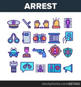 Color Arrest Elements Sign Icons Set Vector Thin Line. Police Car, Alarm Siren And Hat, Gun And Badge, Prison And Handcuffs Arrest Equipment Linear Pictograms. Illustrations. Color Arrest Elements Sign Icons Set Vector