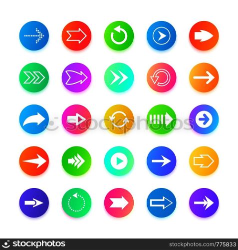 Color arrow web button icons. Back, out, from, to, and next navigation sign. Cursor arrows set, vector design illustration icons. Color arrow web button icons. Back, out, from, to, and next navigation sign. Cursor arrows set, vector illustration icons